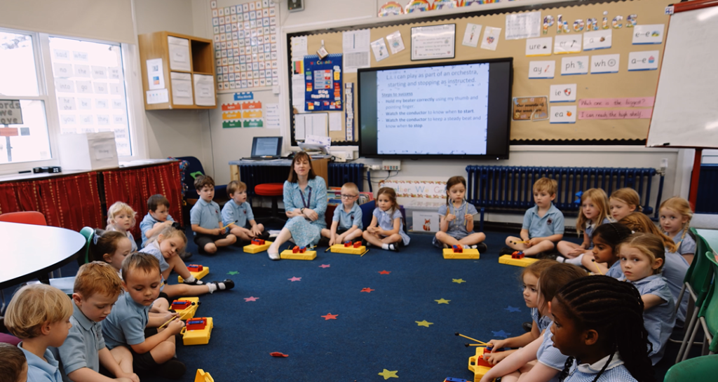 Children in classroom having a music lesson