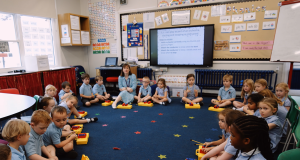 Children in classroom having a music lesson